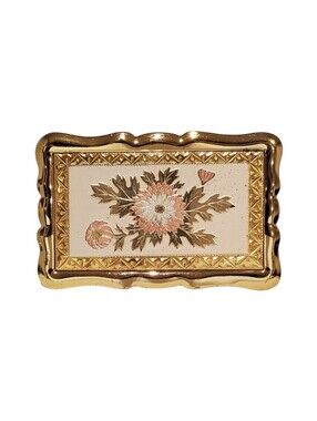 Vintage Estate Tri-Tone Etched Floral Scalloped Rectangular Belt Buckle